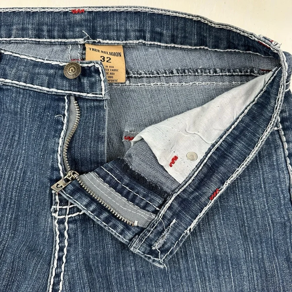 True Religion Jean Shorts Womens 32 Blue Jorts Flap Pockets Stretch Cut Offs USA